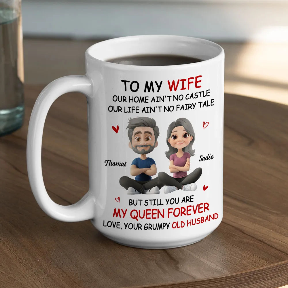 Personalized White Ceramic Mug for Wife from Husband, Cute Cartoon Couple, My Queen Forever, Unique Romantic Gift