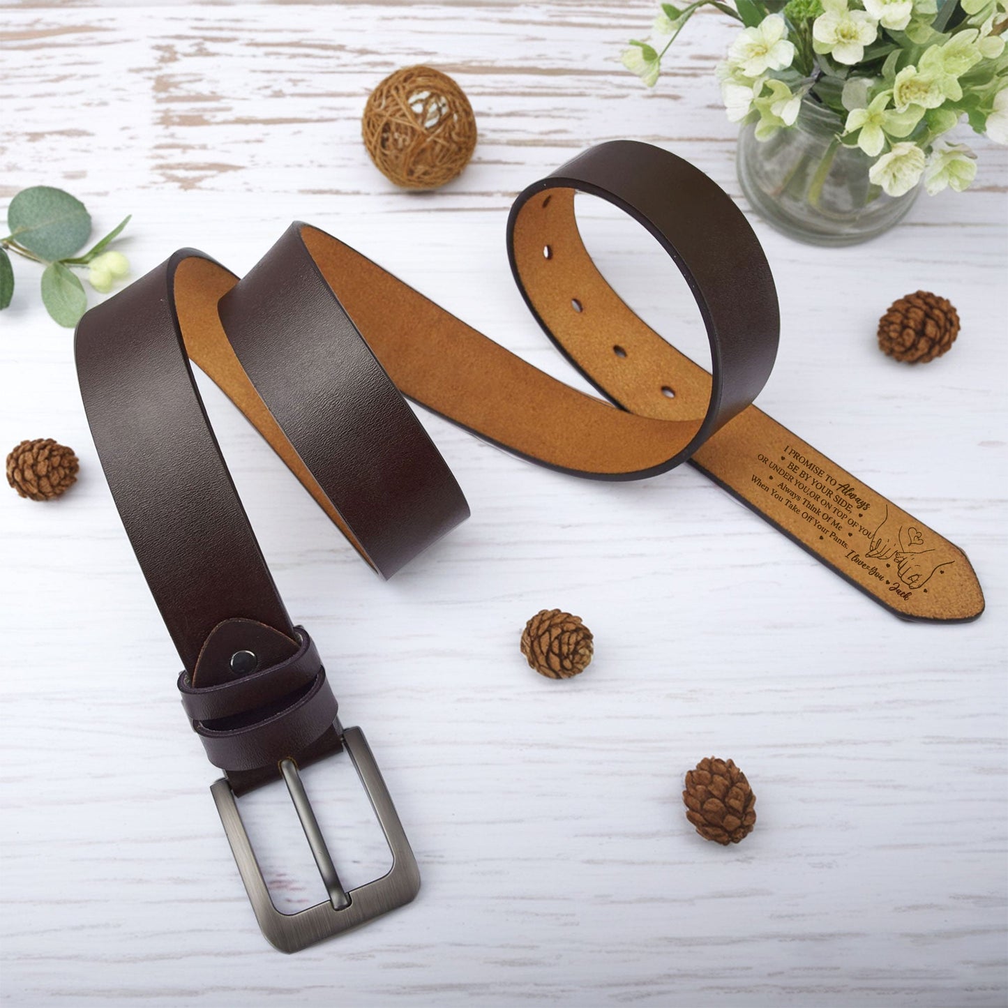 "I Promise To Always Be By Your Side" Personalized Engraved Leather Belt – Perfect Couples Gift