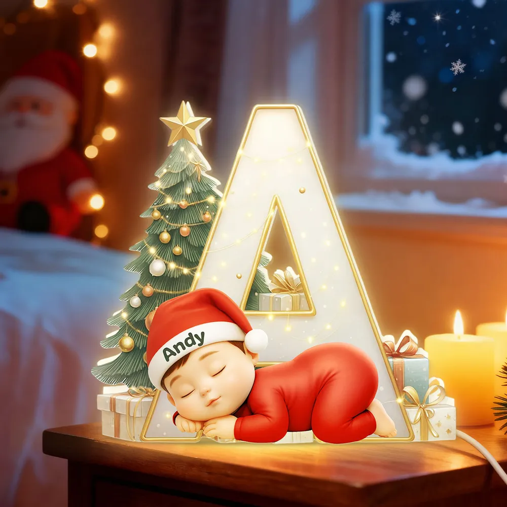 Acrylic Ornament with Sleeping Baby & Initial Letter, Christmas Tree Scene, heartwarming decor, a unique gift for New Parents