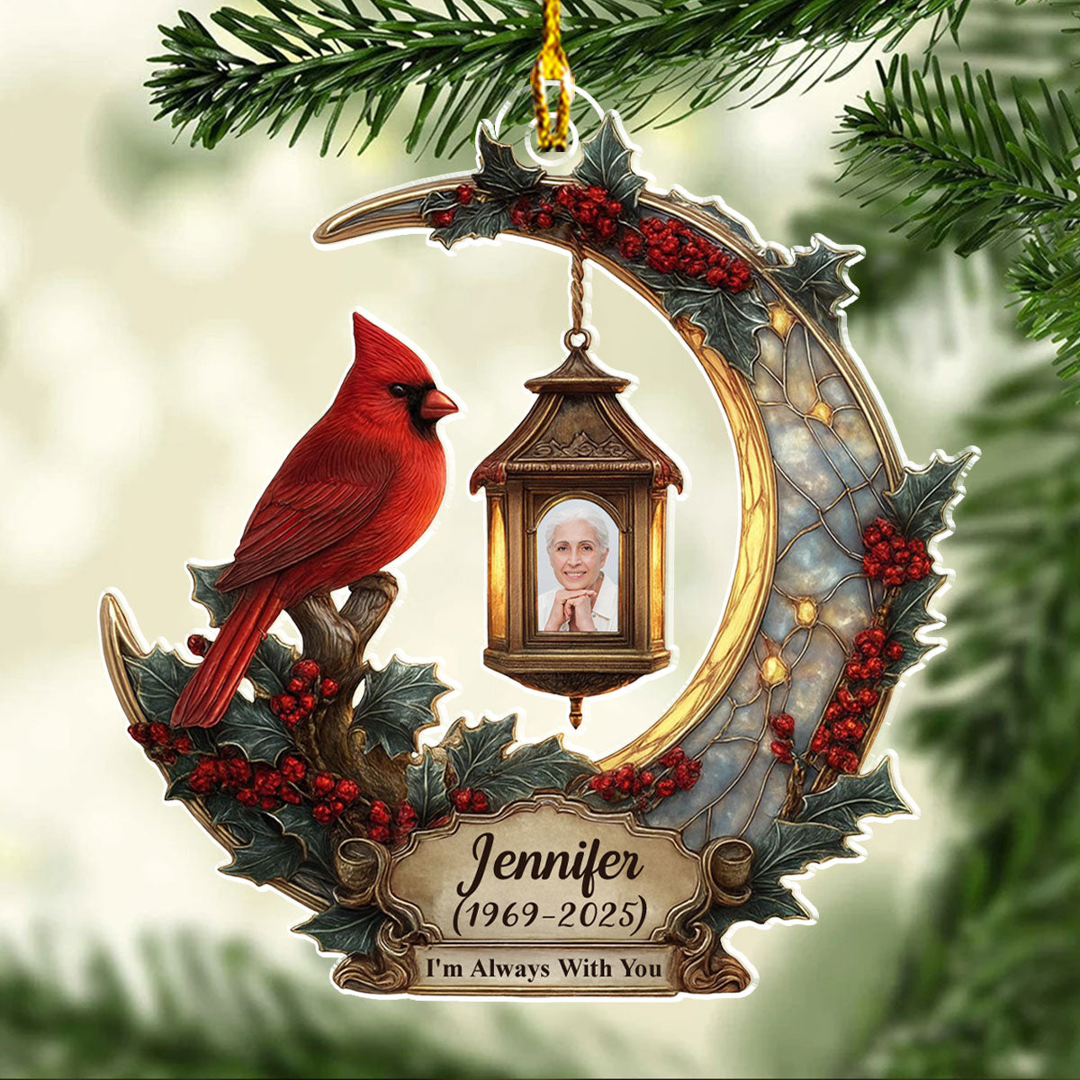 Personalized Memorial Cardinal Moon Acrylic Ornament with Photo, In Loving Memory Christmas Keepsake