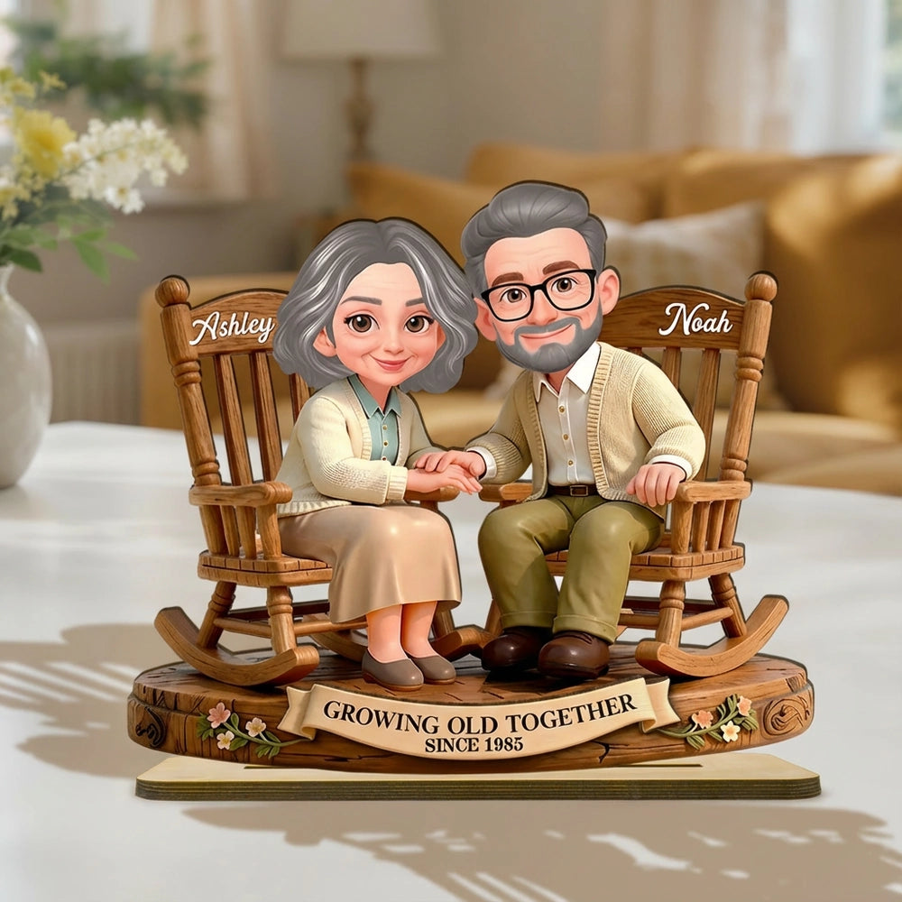 Personalized 2-Layer Wooden Plaque with Couple Holding Hands in Rocking Chairs, Sweet Keepsake Decor, Unique Gift for Wife or Husband