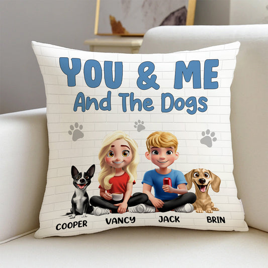 You & Me and the Dogs – Personalized Square Pillow for Families with Custom Pet and People Characters, Perfect Gift for Dog Lovers