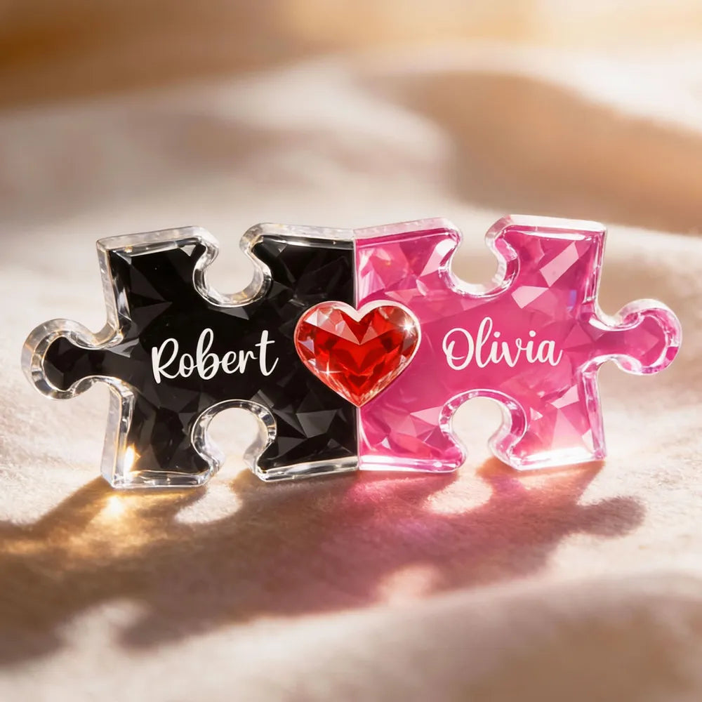 Personalized Puzzle Couple Shaped Acrylic Block Plaque - Heart Keepsake Shelf Decor, Unique Gift for Him or Her