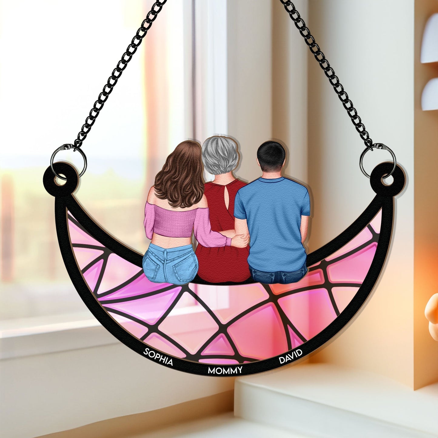 Personalized Wood and Acrylic Layered Ornament, Mom With Kids Sitting Together, Vibrant Suncatcher Style, Unique Gift For Mom
