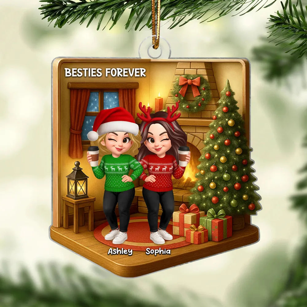 Custom Best Friends Christmas Ornament - Cozy Fireplace Design