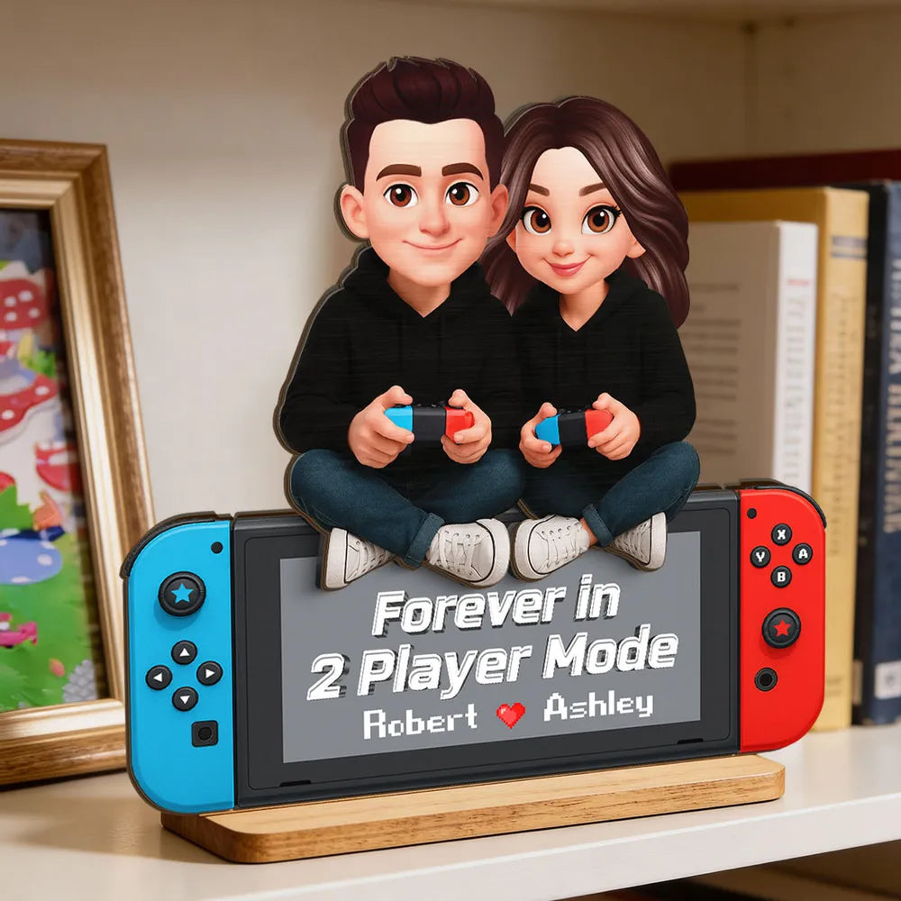2-Layer Wooden Plaque Personalized Gaming Couple Sitting with Controllers - Forever in 2 Player Mode Romantic Gift for Gamers