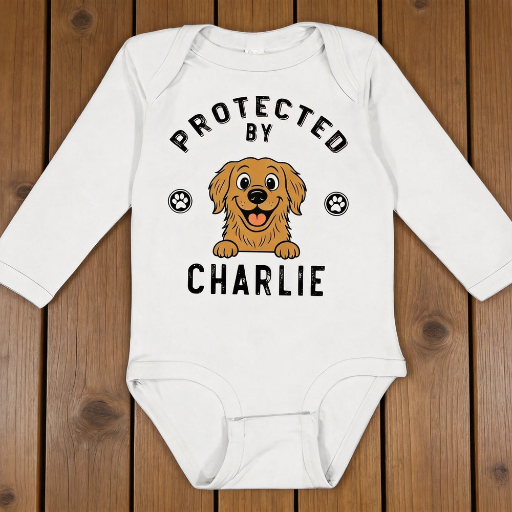 Personalized Protected By Dog Long Sleeve Baby Onesie Cute Cartoon Pup & Paw Prints Unique Baby Gift