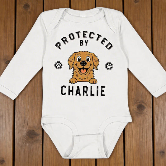 Personalized Protected By Dog Long Sleeve Baby Onesie Cute Cartoon Pup & Paw Prints Unique Baby Gift