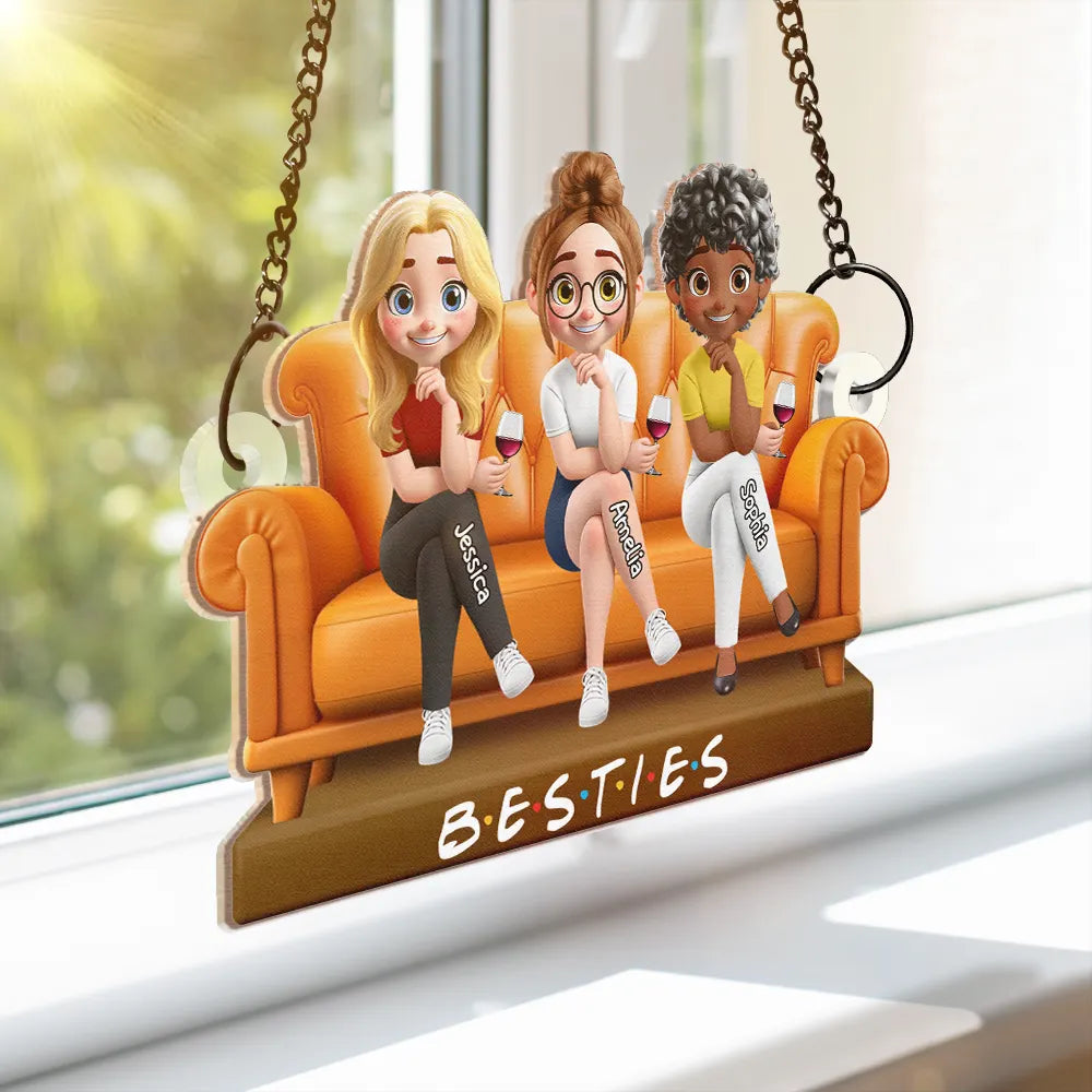 Wood and Acrylic Layered Ornament – "Besties" with Friends on a Swing, Custom Gift for Friendship