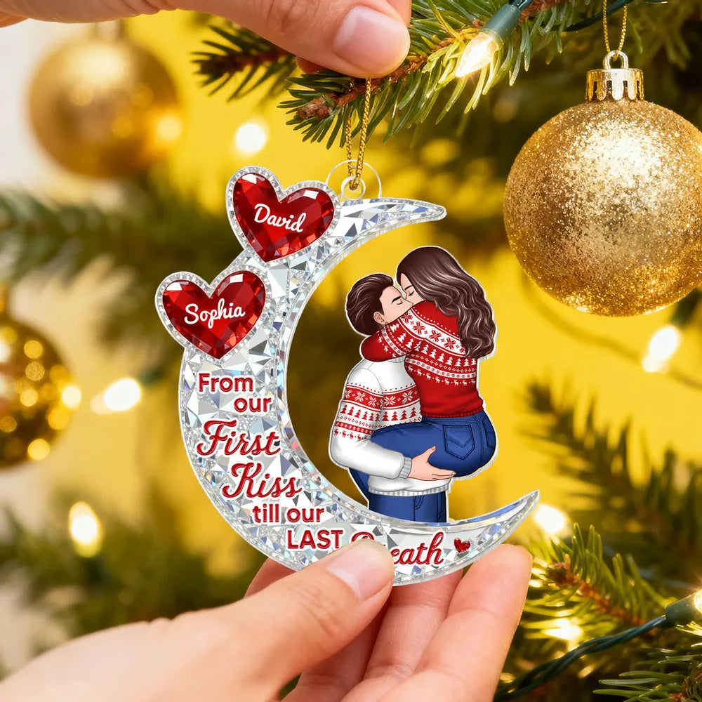 Custom Acrylic Ornament with Crescent Moon and Embracing Couple, Heartfelt From Our First Kiss Quote, Special Anniversary or Holiday Gift