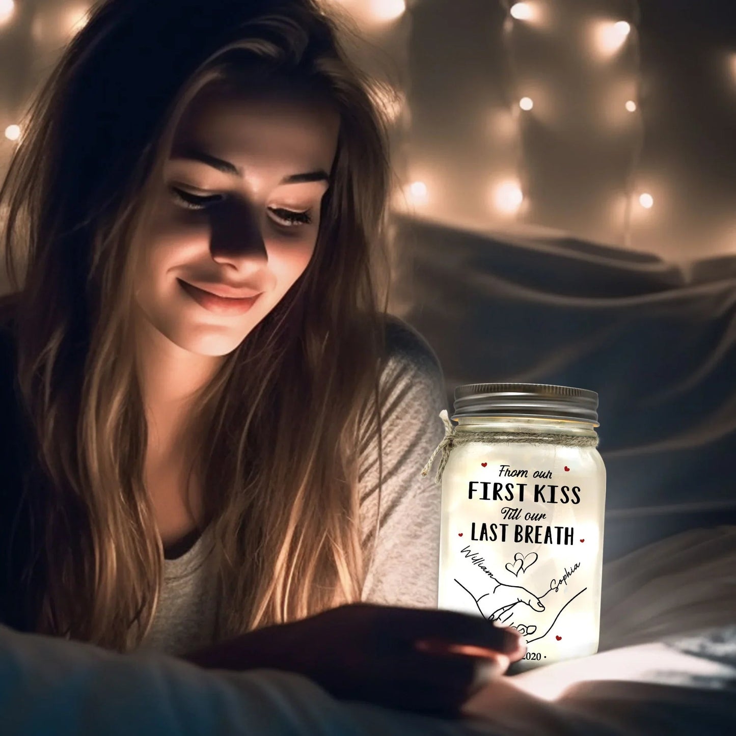 Personalized Glass Mason Jar Light Holding Hands Love Quote Decor - Unique Romantic Gift for Couples