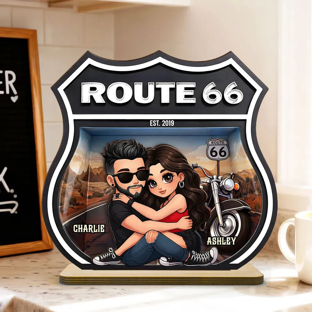 Personalized Route 66 Biker Couple 2-Layer Wooden Plaque for Motorcycle Lovers, Unique Romantic Gift for Couple