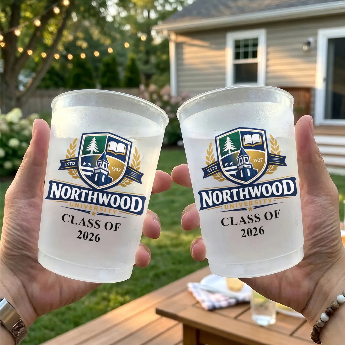 Personalized Frosted Plastic Cup With Custom School Crest Look For Graduation Party Table Decor, Unique Creative Gift