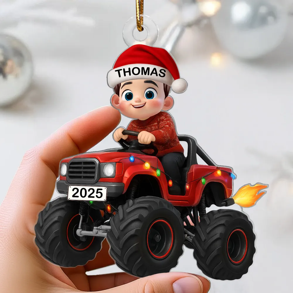 Personalized Acrylic Ornament - Kid Driving Monster Truck in Santa Hat - Christmas Tree Decor, Unique Gift for Kids
