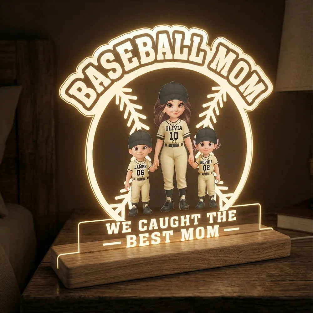 Block LED Light Plaque with Warm Glow, Custom Mom and Kids Baseball Scene, Sweet Bedside Gift for Mom