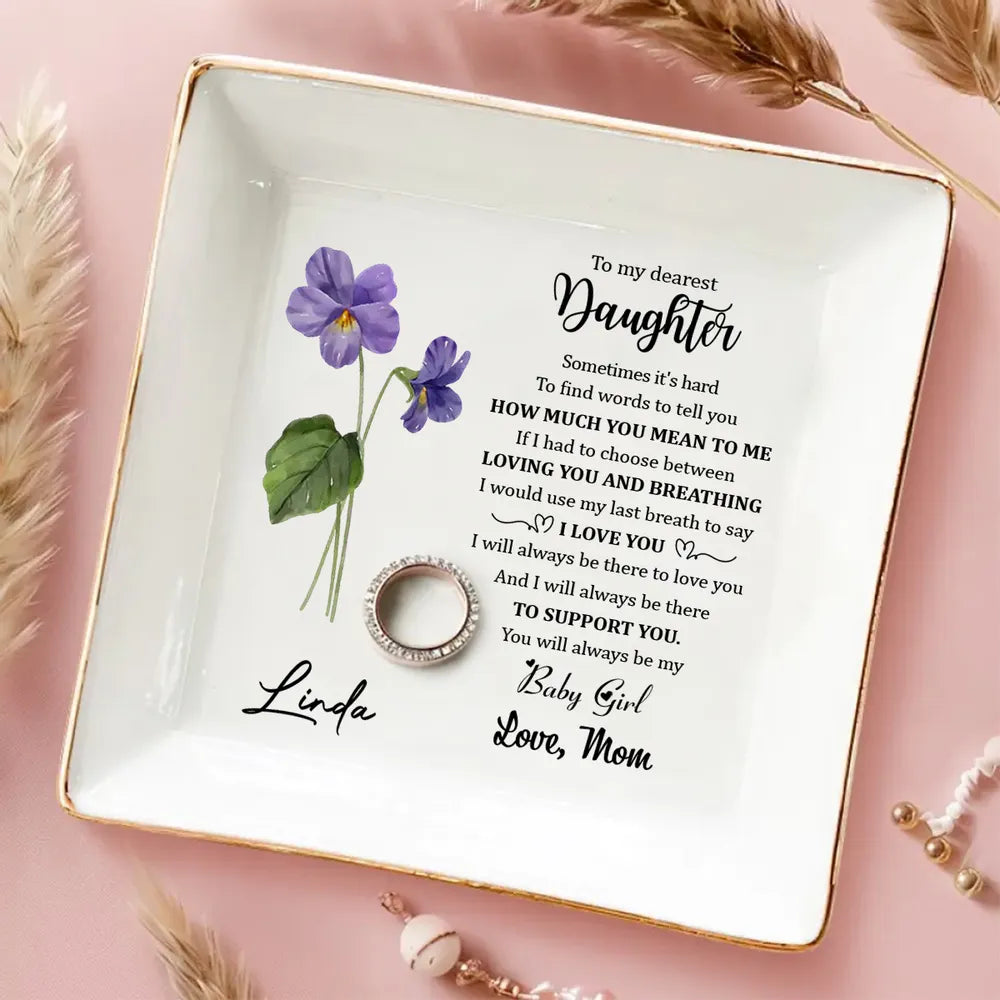 Jewelry Dish for Daughter, Personalized Keepsake Tray with Love Note and Purple Flower, Sweet Gift from Mom
