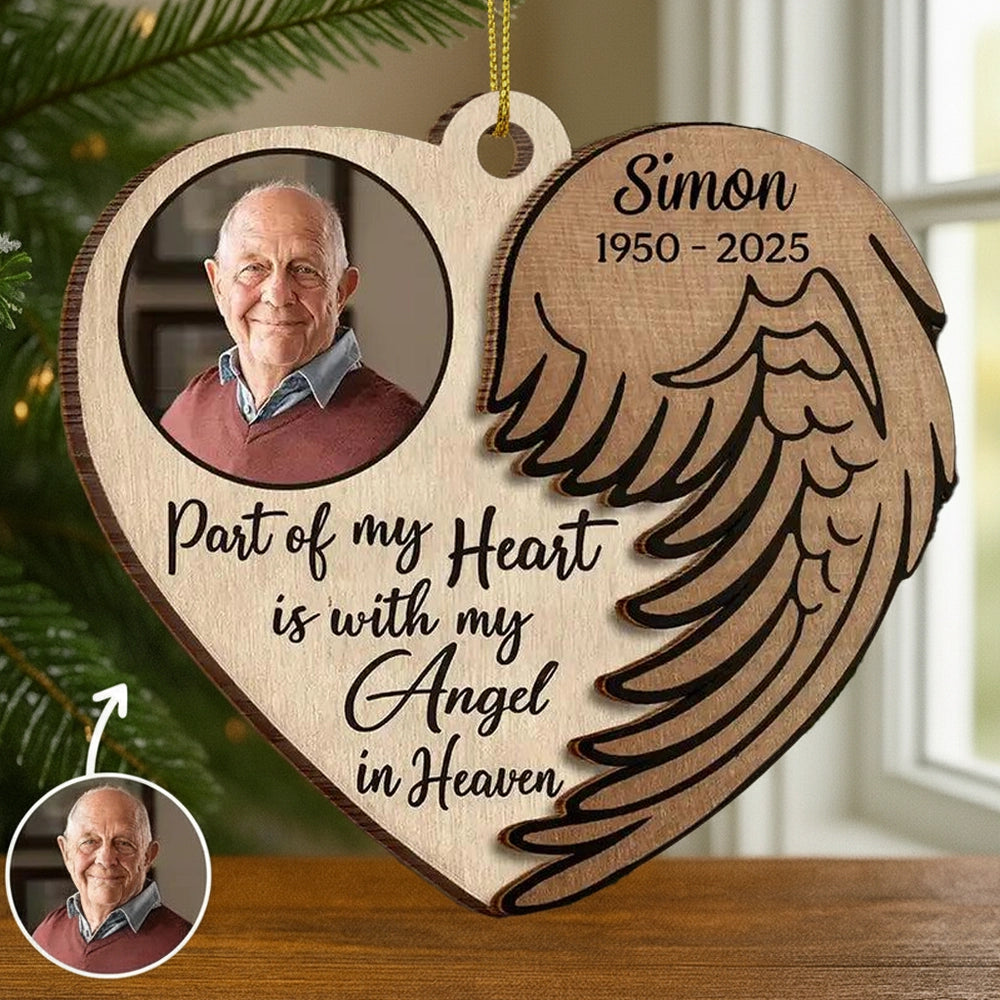 Wooden Ornament 2-Layer Heart with Angel Wing, Part of My Heart photo memorial, a unique gift for family