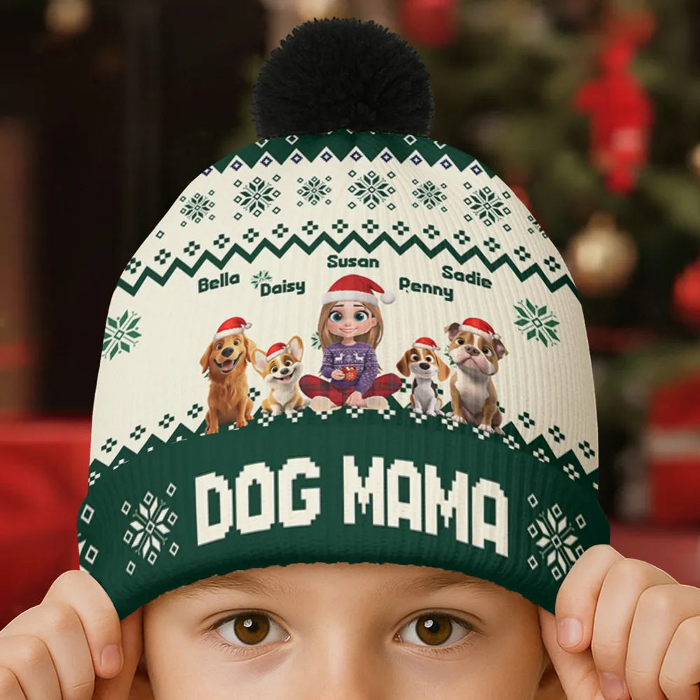 Personalized Bobble Beanie Hat for Dog Mom with Cartoon Woman & Pup – Cozy Christmas Style, Unique Gift for Pet Lovers