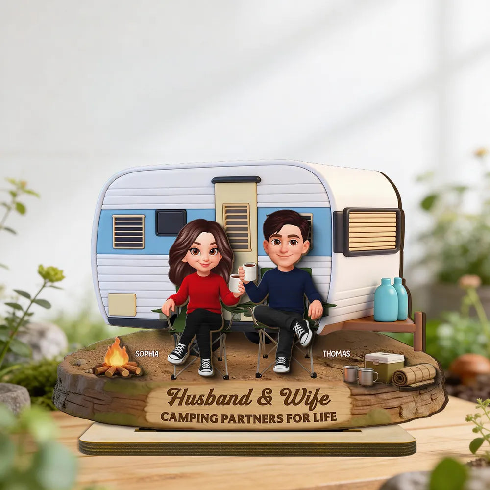 2-Layer Wooden Plaque Personalized for Husband & Wife, Cute Camper Scene Gift That Celebrates Partners for Life