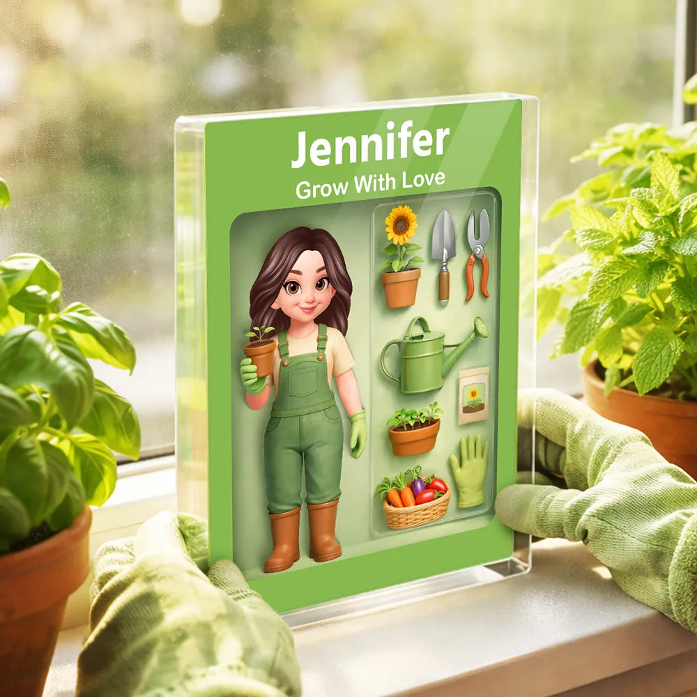 Personalized Rectangle Acrylic Block Plaque Garden Lover Desk Decor, Cute Cartoon Gardener With Tools, Unique Gift