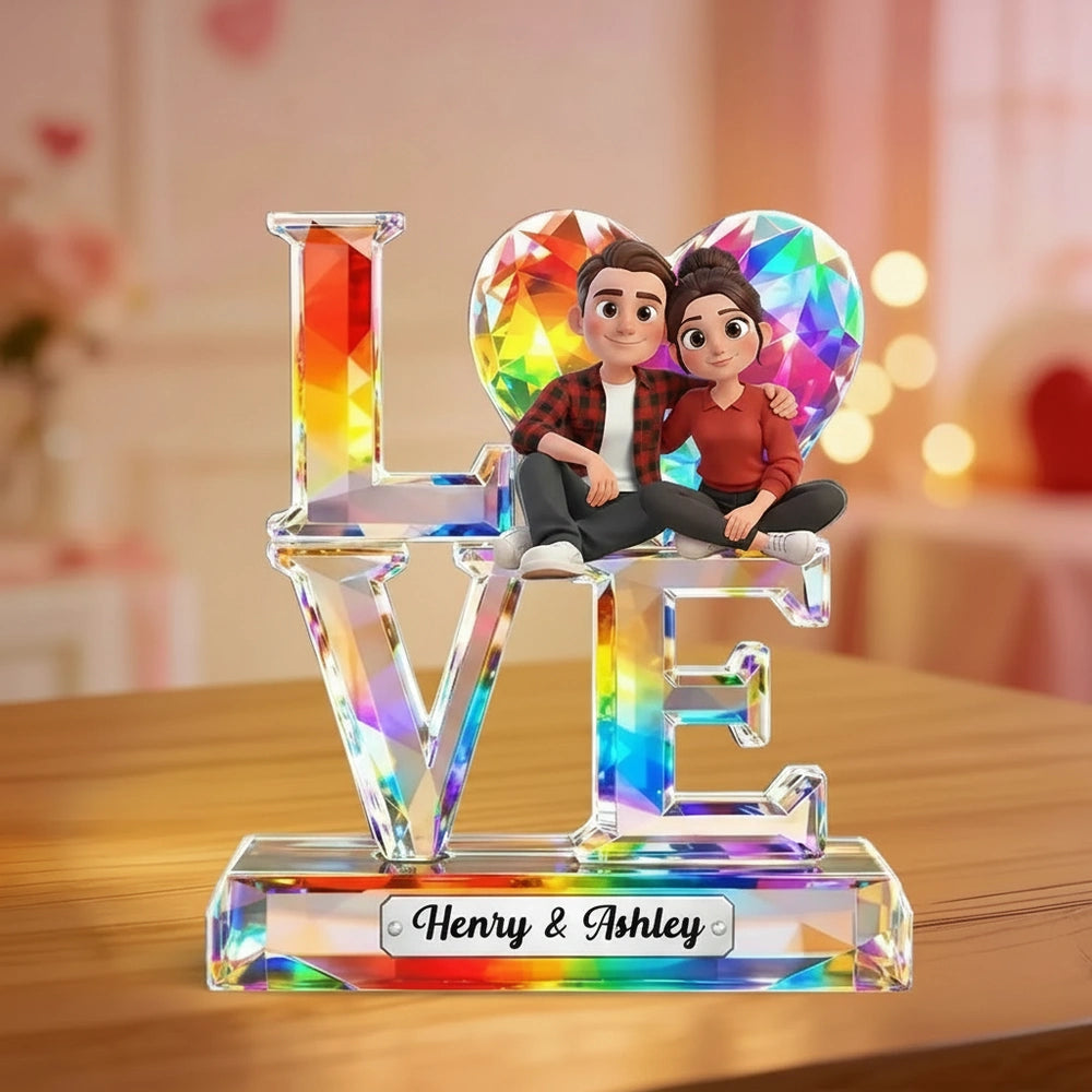 Personalized LOVE Shaped Acrylic Block Plaque With Cozy Sitting Couple, Rainbow Crystal Look Decor, Unique Gift For Her Or Him