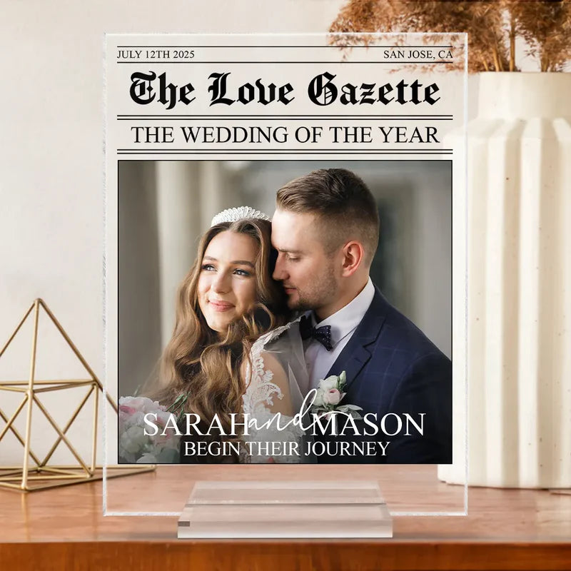 Custom Couple Acrylic Plaque Wedding Times Front Page – Elegant Personalized Decor for The Big Day, Anniversary & Romantic Gift