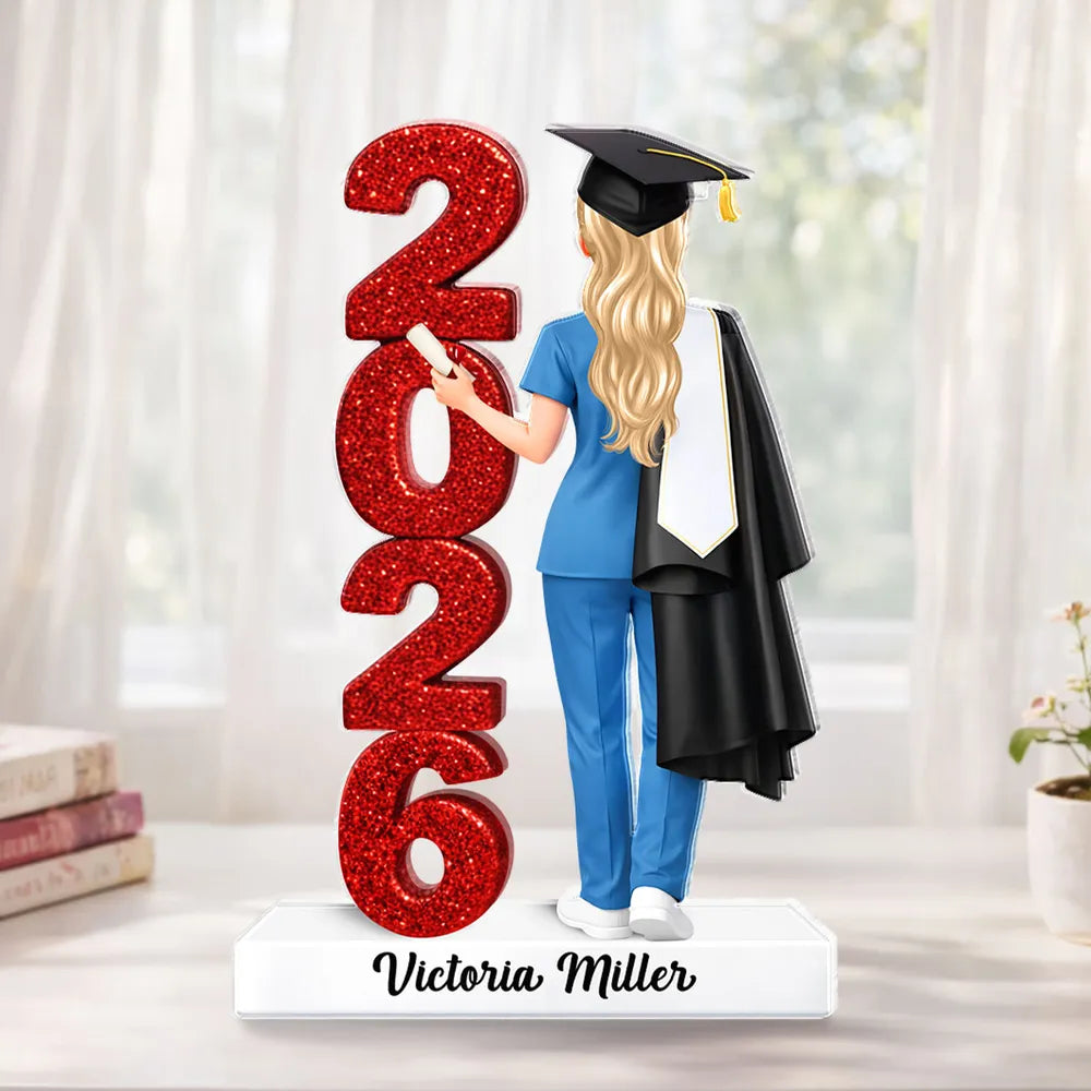 Personalized Shaped Acrylic Block Plaque Class Graduation Keepsake, Nurse Grad in Cap Holding Diploma, Unique Gift