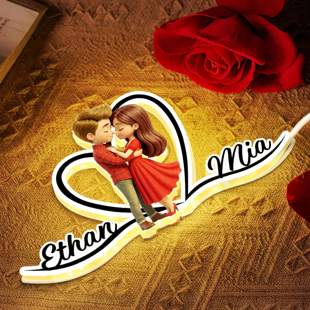 Personalized Acrylic Light Box with Kissing Couple and Heart Outline, Warm Glow Bedroom Decor, Unique Gift for Him or Her