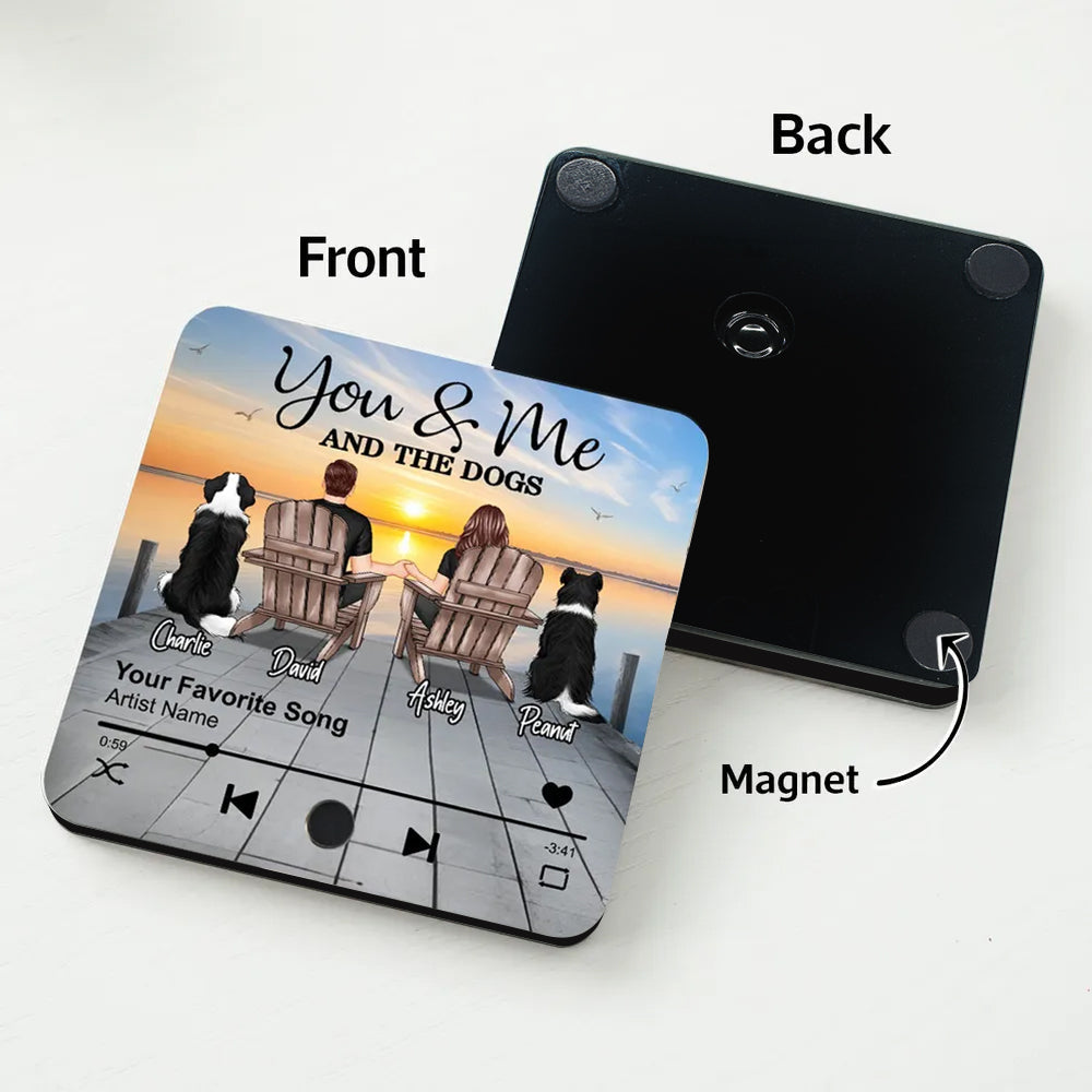 Couple You Me And The Dogs Cats Sitting On Lake Dock Personalized Music Fridge Magnet, Gift For Couple, Dog Lovers, Cat Lovers, Pet Lovers
