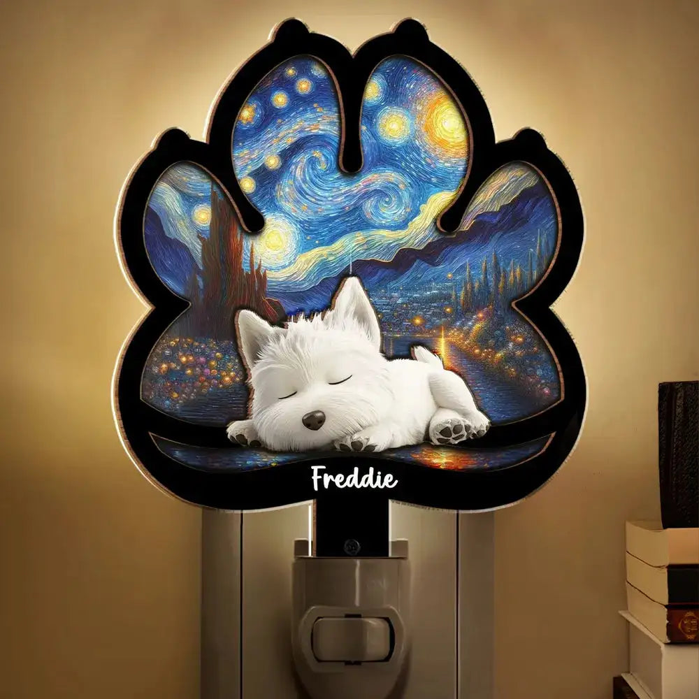 Starry Night Dog Acrylic and Wood Night Light, Cozy Pet-Inspired Design for Bedroom Ambience