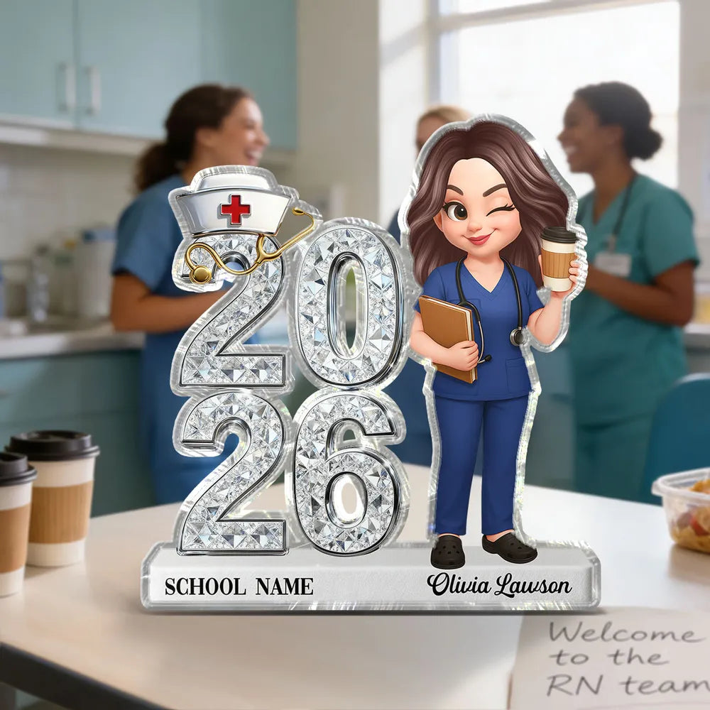 Personalized Shaped Acrylic Block Plaque for Nursing Graduation Class Gift, Cute Nurse Holding Coffee Keepsake