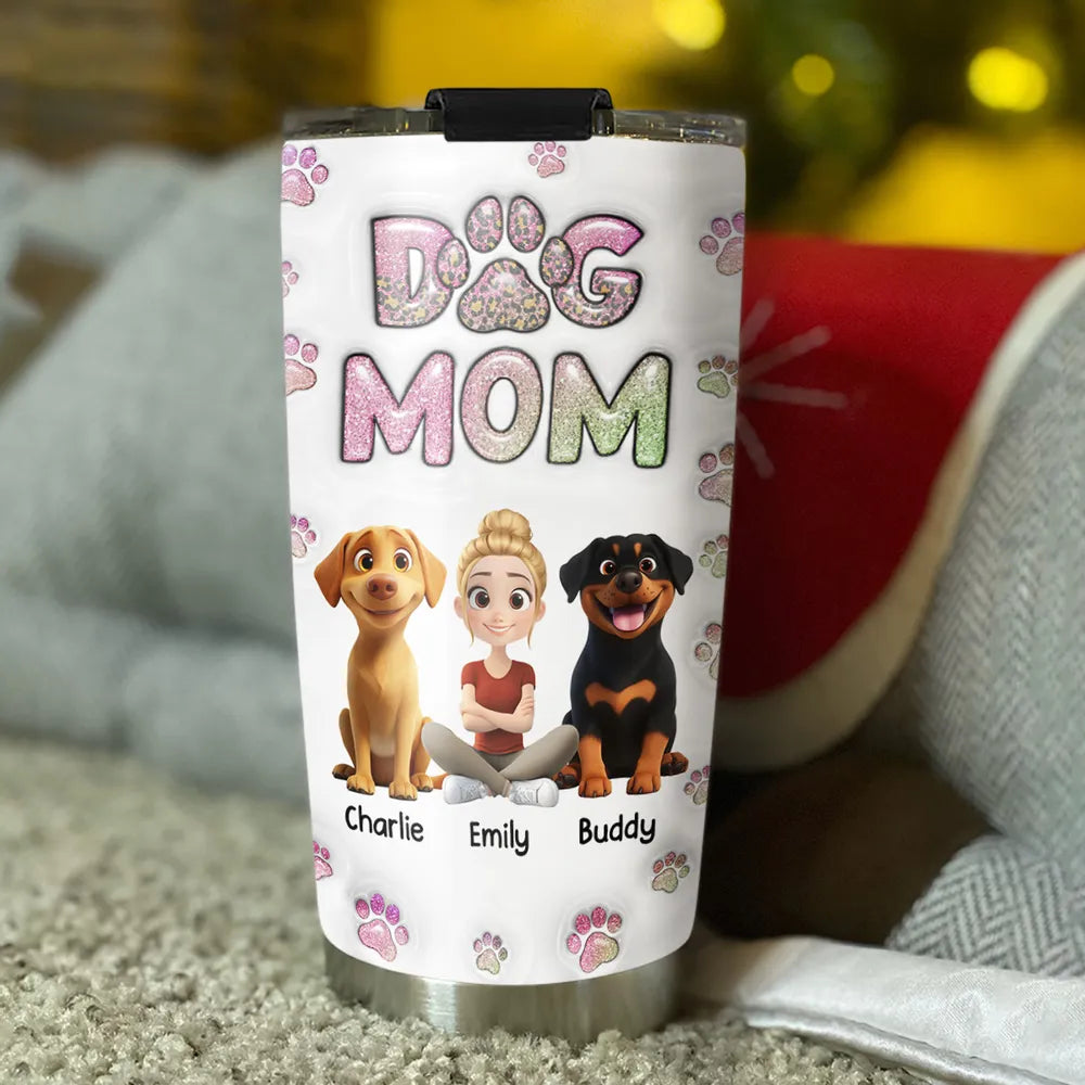 Insulated Travel Tumbler – Cartoon Dog & Mom, Glitter “DOG MOM” Paw Design, Personalized Gift