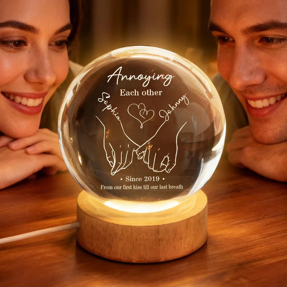 Annoying Each Other Still Going Strong Personalized Crystal Ball LED Night Light, Romantic Warm Glow Holding Hands, Unique Gift for Him or Her
