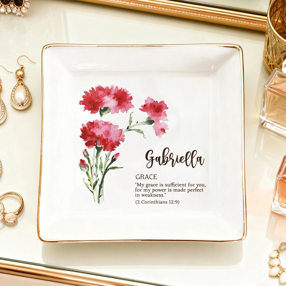 Personalized Birth Flower Jewelry Dish with Bible Verse, Watercolor Floral Keepsake, Unique Christian Gift for Her