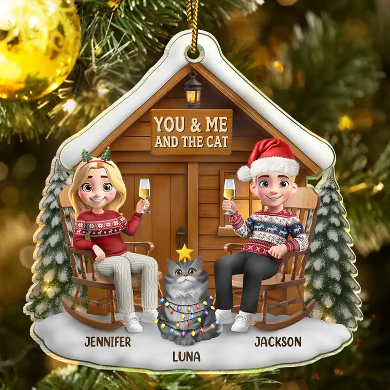You & Me and the Cat Acrylic Ornament - Cozy Cabin Couple, Snowy Winter Scene - a unique gift for Couples & Cat Lovers