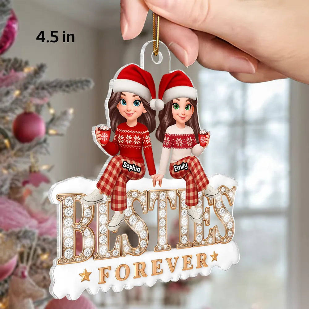 Acrylic Ornament - Besties Forever, cute cartoon friends in Santa hats holding hands, cozy tree decor, unique gift for best friend