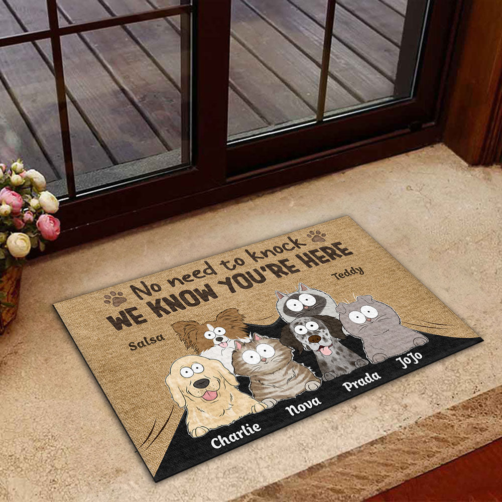 Personalized Pet Doormat – Funny 'No Need to Knock' Welcome Mat with Custom Dog & Cat Names – Perfect Gift for Dog & Cat Lovers, Housewarming Decor