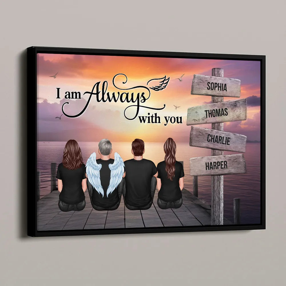 “I Am Always With You” Memorial Poster – Custom Family & Angel Wings, Sunset Dock Scene