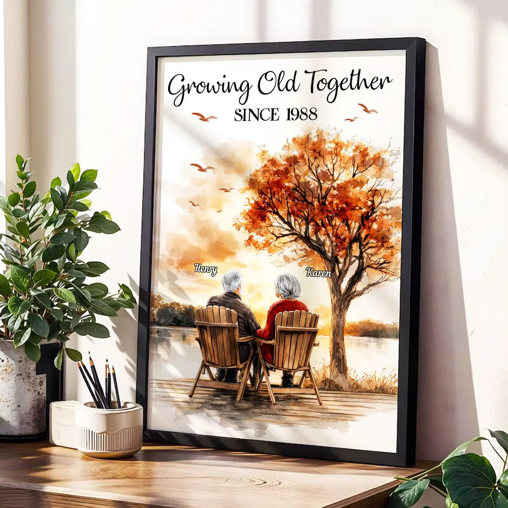 Personalized Growing Old Together Poster, Romantic Couple on Lake Dock at Sunset, Unique Anniversary Gift for Wife or Husband