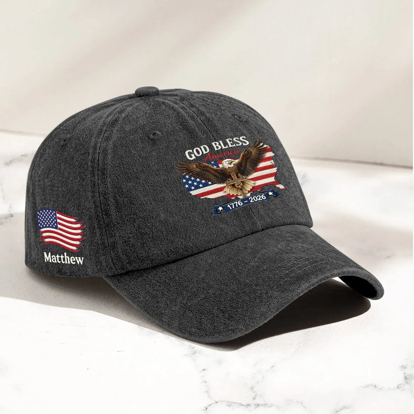 Personalized Washed Denim Baseball Cap, God Bless America Eagle Flag Design, Vintage Look Everyday Wear, Unique Gift
