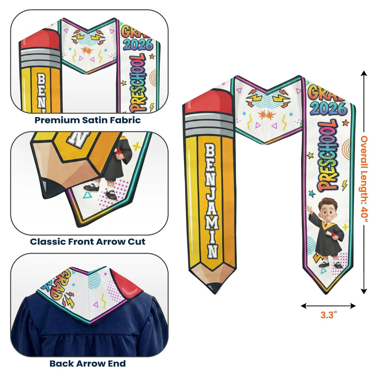 Personalized Graduation Stole for Preschool and Kindergarten, Pencil and Cartoon Grad Design, Unique Gift for Kids