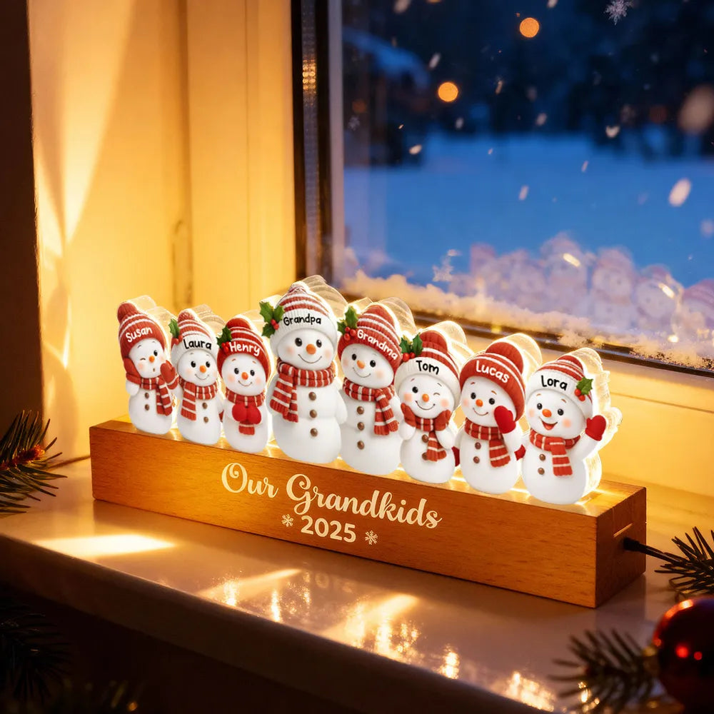 Snowman Grandkids Acrylic Block LED Plaque - Cozy Christmas Glow, a unique gift for Grandparents