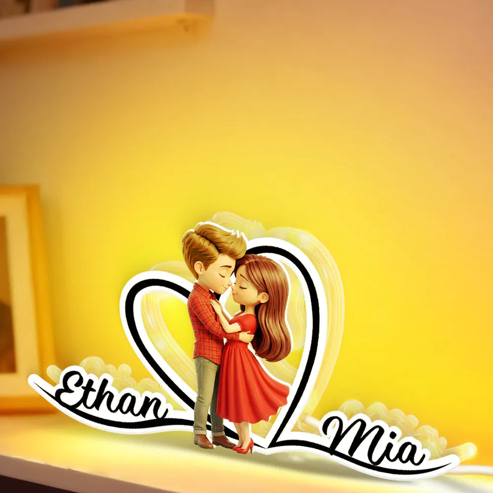 Personalized Acrylic Light Box with Kissing Couple and Heart Outline, Warm Glow Bedroom Decor, Unique Gift for Him or Her