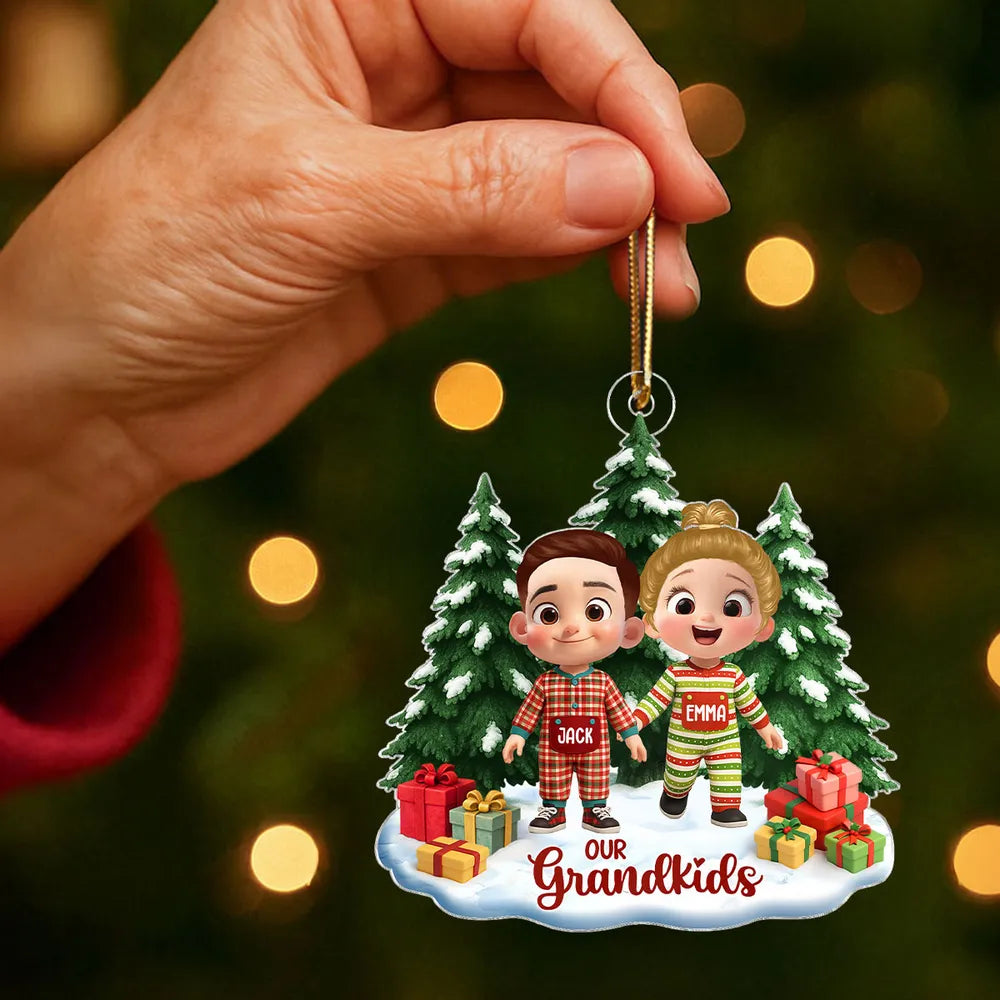 Personalized Acrylic Ornament with Cute Cartoon Grandkid, Festive Christmas Trees & Gifts, Unique Holiday Gift for Grandma & Grandpa
