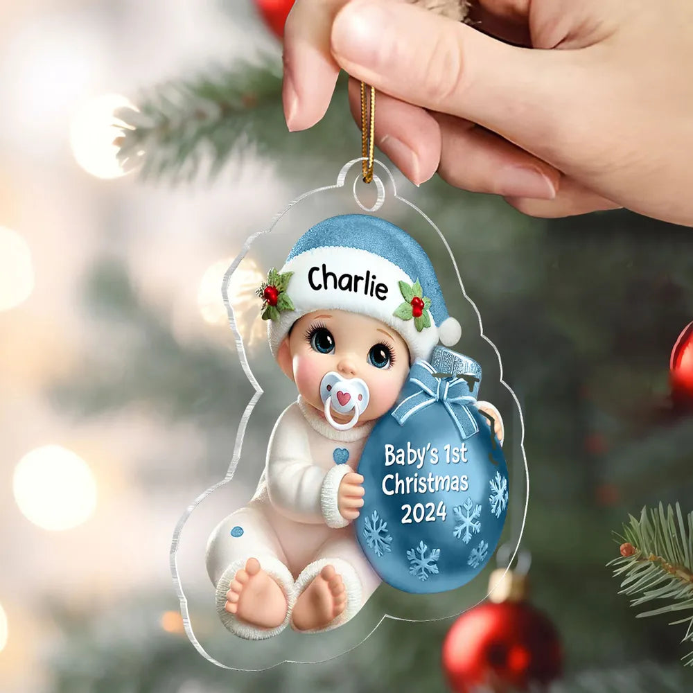 Personalized Acrylic Ornament for Baby's First Christmas – Cute Blue Baby Design, Festive Keepsake, Unique Gift for New Parents