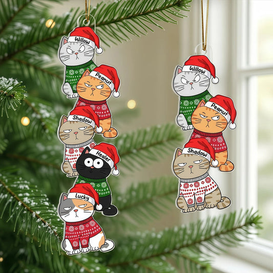 Personalized Acrylic Ornament with Stacked Christmas Cats, Cute Festive Decor & Unique Gift for Cat Lovers