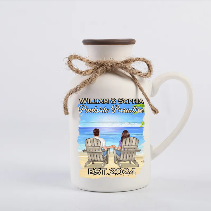 Relaxing Poolside Paradise Decor with Optional Flag Background Couple Sitting Personalized Sign, Flag, Vase - Perfect for Garden, Housewarming, Birthday, Anniversary Gift for Him, Her