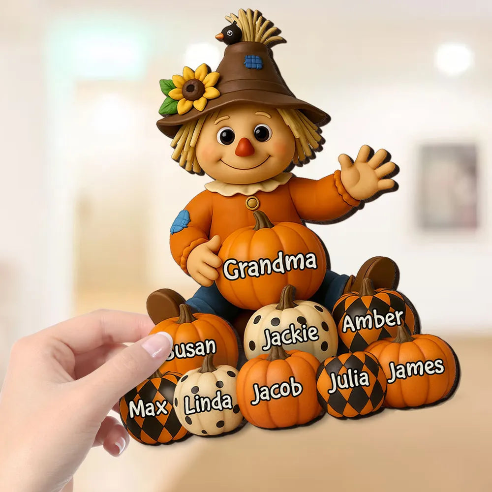 2-Layer Wooden Plaque with Scarecrow and Pumpkin Theme, Personalized Grandma & Family Keepsake Gift