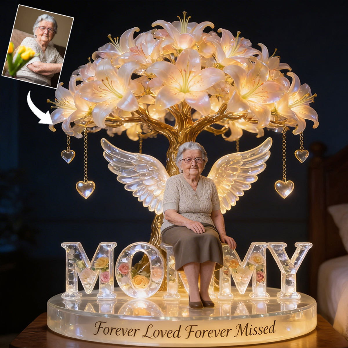 Custom Always In Our Hearts Angel Wings Figurine, Personalized French Bulldog Memorial Tree Lamp Statue, Dog Loss Sympathy Night Light