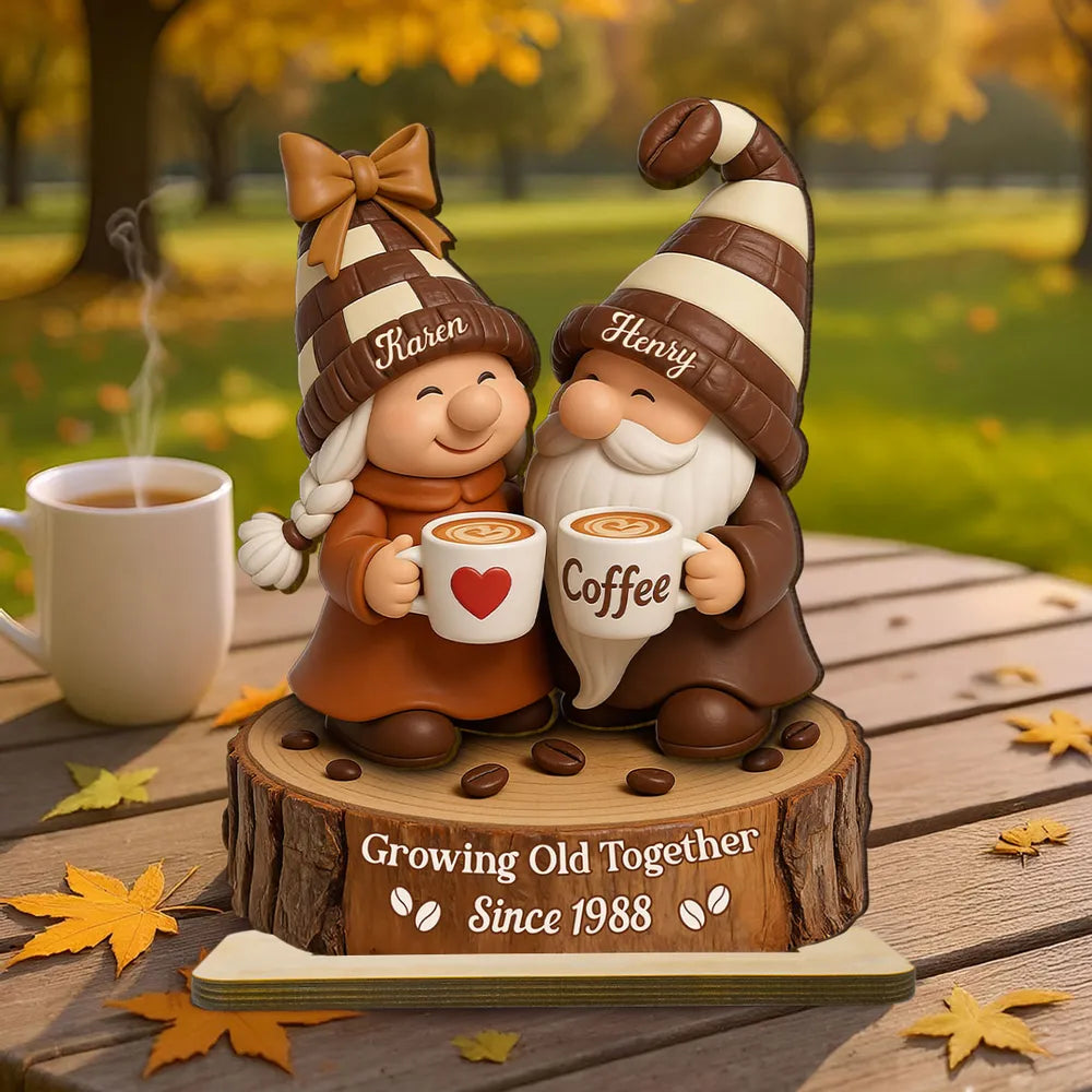 Personalized Wooden Plaque with Cute Coffee Gnomes, Rustic Countertop Decor, Unique Couple Gift for Growing Old Together